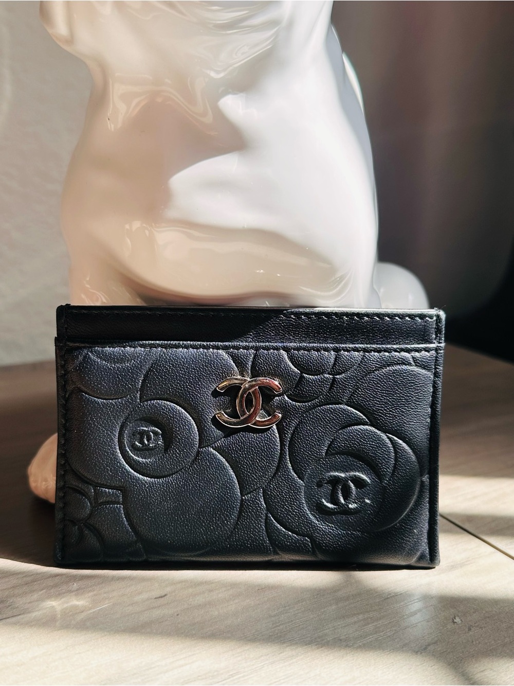 Chanel Camellia Embossed Leather Card Holder Black CC Card Case